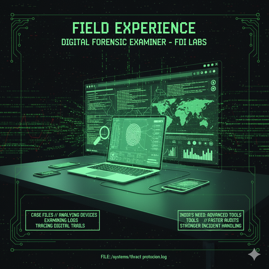 A digital forensics lab or a person analyzing data on a screen, representing field experience.