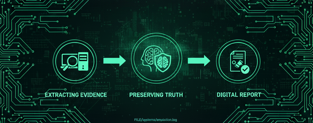 Computer Forensics, illustrating digital data analysis on a computer screen