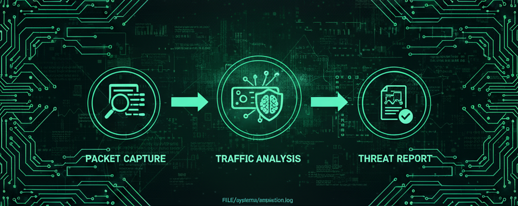Network Forensics, illustrating network traffic analysis and security monitoring